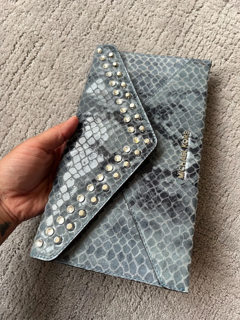 Michael Kors Blue Snakeskin Studded Envelope Clutch - Picture 4 of 12